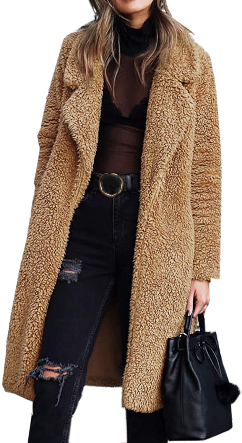 lovwvol     Women's Fuzzy Fleece Lapel Open Front Long Cardigan Coat Faux Fur Warm Winter Outwear Jackets Jacket Women  Plus Size Fur Coat