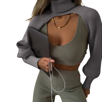 lovwvol Female Sweater Solid High Collar Long Puff Sleeve Knitwear Pullover for Women Apring Autumn Y2K Aesthetic Crop Top Halter Top