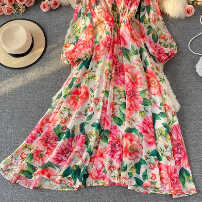 lovwvol Runway Spring Summer Vacation Dress Women Elegant Bat Sleeve Rose Print Bohemian Lady Chiffon Long Maxi Dress