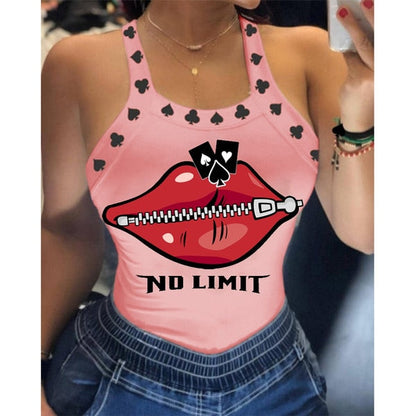 lovwvol Tank Tops Women U Neck Letter Print Lips Vest Summer Ladies Harajuku Shirts Slim Fit Polyester Sleeveless Top Tshirts