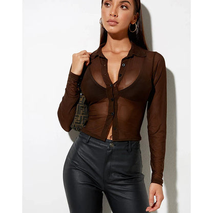 lovwvol Summer Blusas Chocolate Y2k Transparent Mesh Top Perspective Sexy Mature Shirt