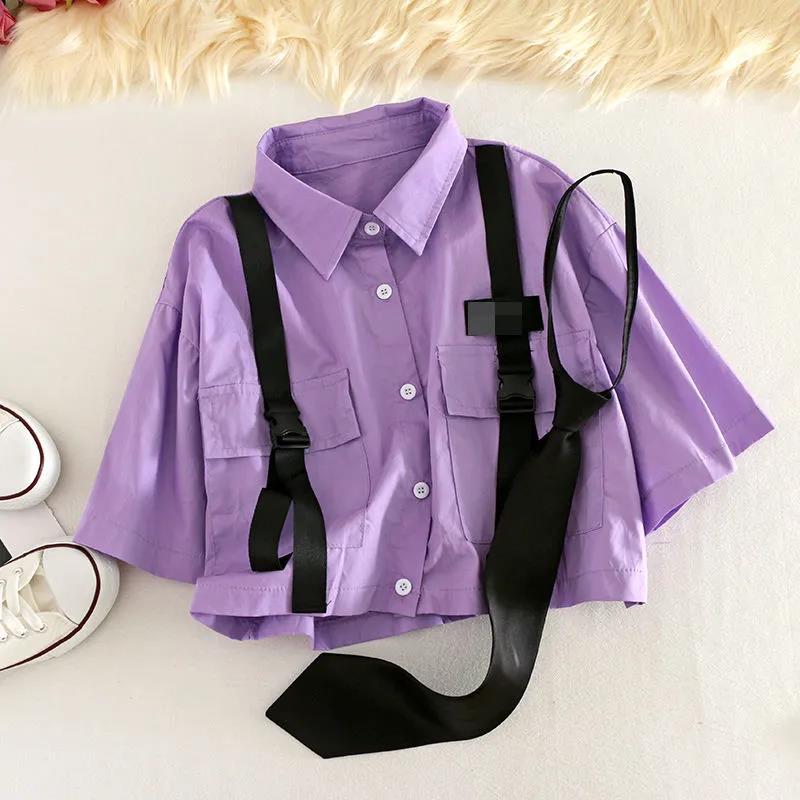 lovwvol 2023 Spring Streetwear Pants High-Waist Straight Ribbon Cargo Pants Student Loose Short-Sleeved Shirt with Tie two-piece Set