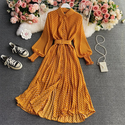 lovwvol Spring Autumn Women Vintage Maxi Party Dress Long Sleeve Orange Polka Dot Pleated Evening Black Vestidos Femme Fashion Robe New