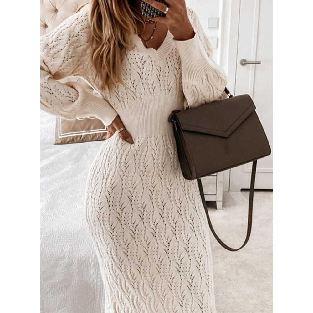 Autumn Fashion Elegant Knitted Sweater Dress Women's Long Sleeve Warm Mini Tight Dress Casual White Ladies Dress New