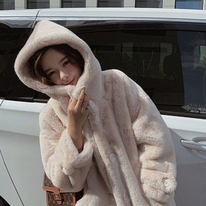 Winter Fashion Hooded Faux Fur Long Coat Solid Cute Warm Fluffy Jacket Casual Loose Oversize Coat Female Thick Outwears