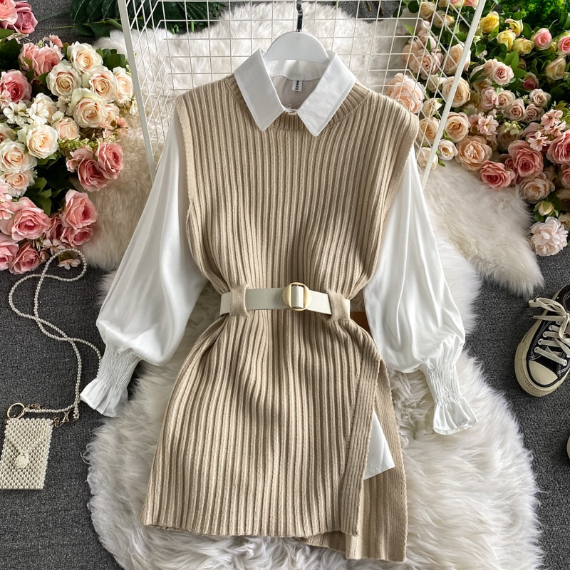 Korean Spring Autumn Women Knitted Pullovers Vest + White Blouse Casual Belt Suit Two Piece Set Conjuntos Mujer