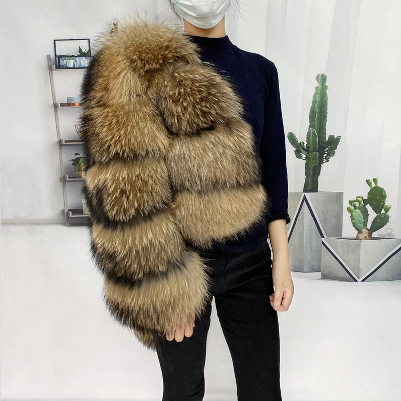 Natural Winter Real Raccoon Coat Plus Size Clothes Women Big Fluffy Real Fur Coats  New Style Jacket