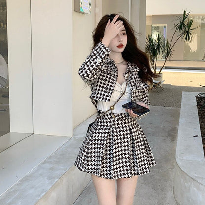 Women New Spring 2 Piece Matching Suits Long Sleeve Plaid Short Jacket&High Waist Pleated Mini Skirt Vintage 2pc Dress Sets