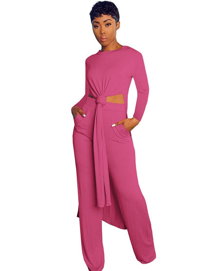 New Arrival Fashion Design two pieces  Sexy Women Set Solid O-neck Long Top  And  Long Pants  Summer  Outfits