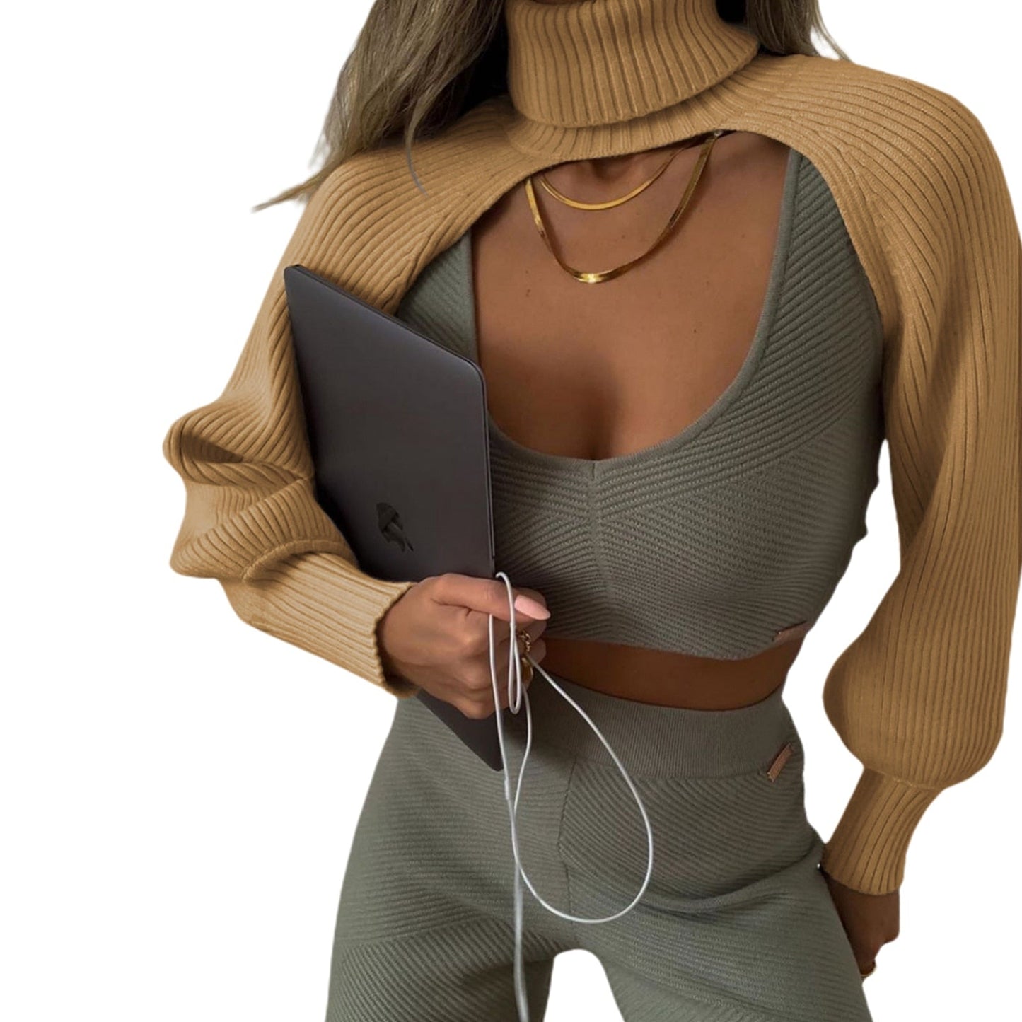 lovwvol Female Sweater Solid High Collar Long Puff Sleeve Knitwear Pullover for Women Apring Autumn Y2K Aesthetic Crop Top Halter Top