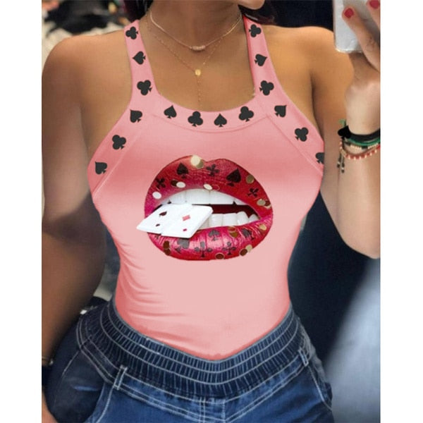 lovwvol Tank Tops Women U Neck Letter Print Lips Vest Summer Ladies Harajuku Shirts Slim Fit Polyester Sleeveless Top Tshirts