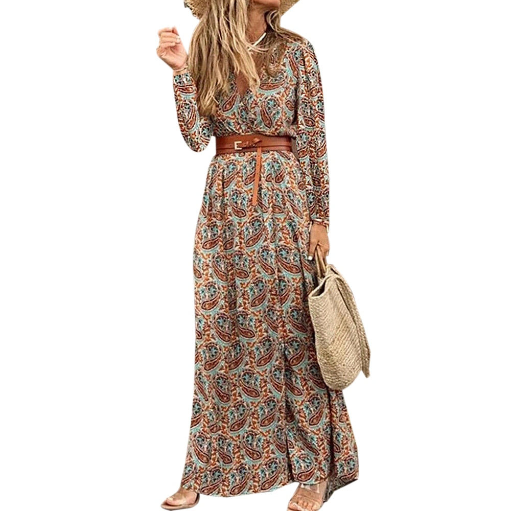 lovwvol Womens Long Dress Summer V-neck Boho Belted Maxi Dress Casual Sexy Party Dress Ladies Bohemian Beach Holiday Sundress