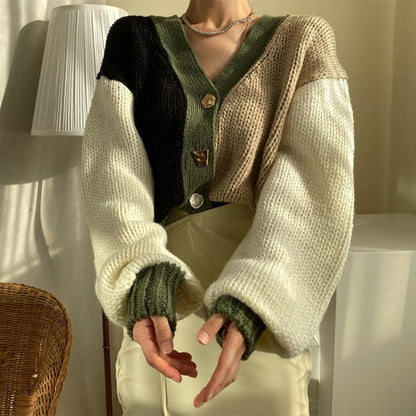 lovwvol lovwvol Spring Autumn Cropped Cardigan Sweater Knitted Women Patchwork Woman Cardigans Casual Kardigan Sweaters Ladies Cardigan 2023