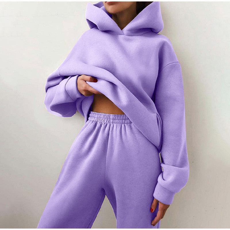 lovwvol New Tracksuit Women Elegant Solid Suits Fleece Warm Hoodies 2 Piece Set  Autumn Winter Fashion Oversized Sweatshirts Tracksuit