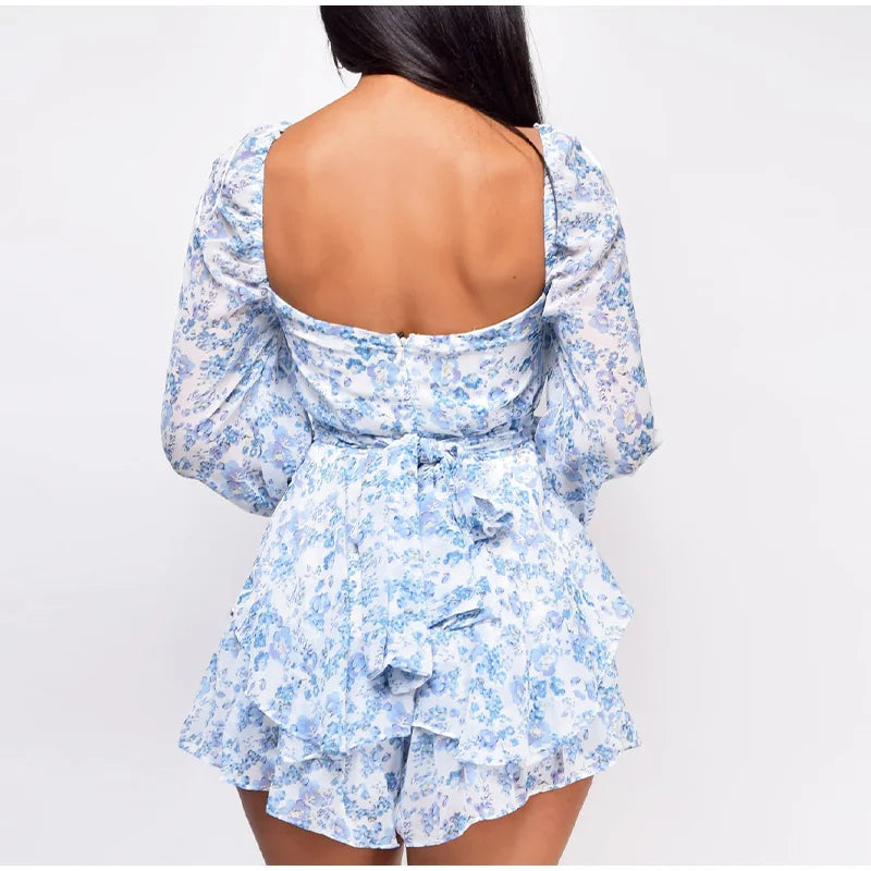 lovwvol Summer Women Jumpsuits Long Sleeve Lace Up Ruffles Floral Print Rompers Female Playsuits Square Collar Outfits