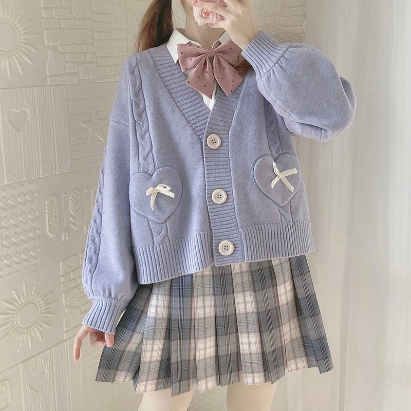 Spring Japan Kawaii Fashion Pink Cardigan Women Vintage Crop Knitted Sweater Cute Bow Heart Korean JK School Coat