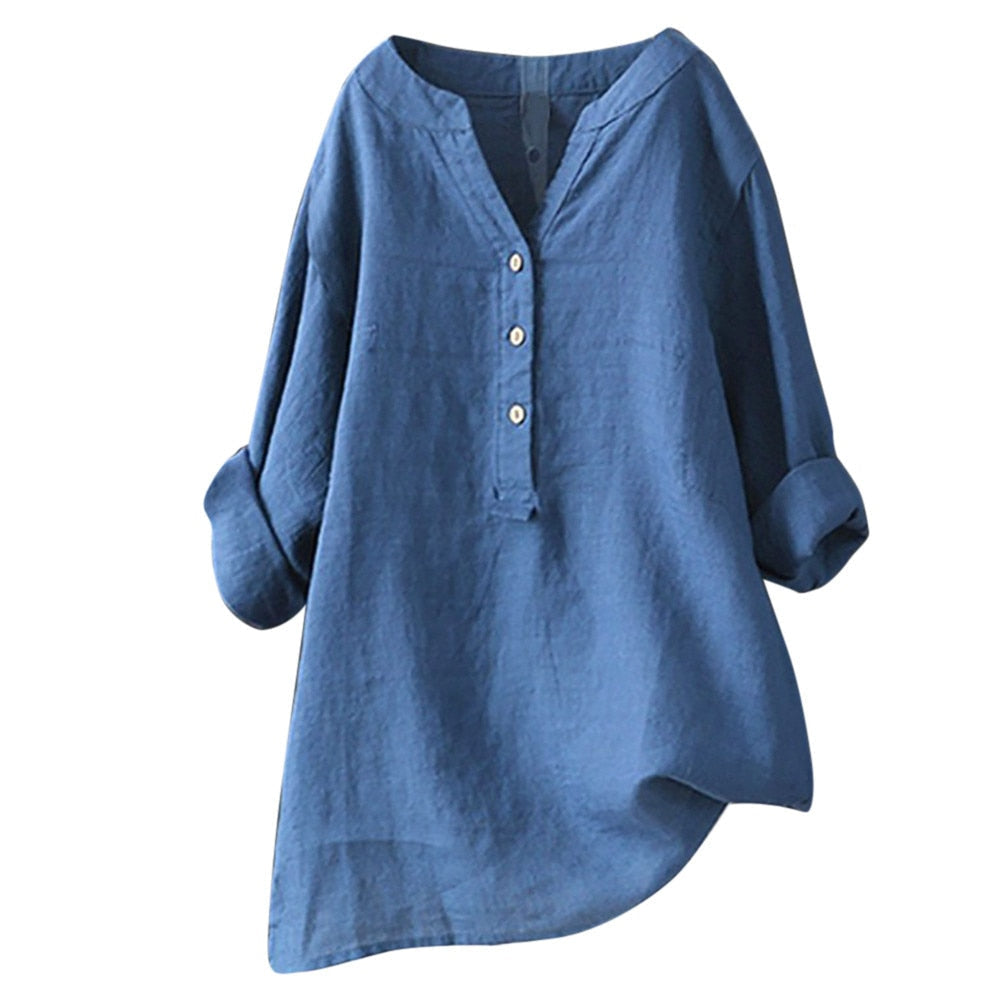 Cotton Linen Tops Women Blouse Elegant V Neck Long Sleeve Shirt Casual Spring Solid Shirts Vintage Casual Loose Blusas рубашка