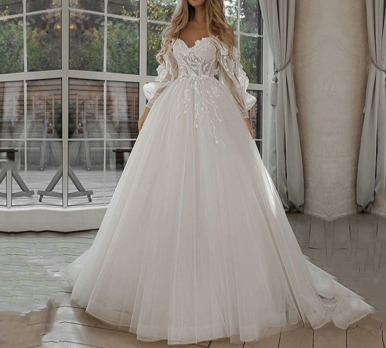 lovwvol Glitter Wedding Dresses Puff Sleeve Appliques Lace 3D Flowers off Shoulder Tulle Boho Bride Gown  vestidos de novia