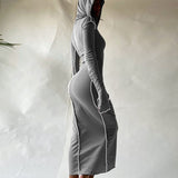 lovwvol Long Sleeve Hooded Patchwork Skinny Maxi Dress Autumn Winter Women Fashion Streetwear Casual Outfits