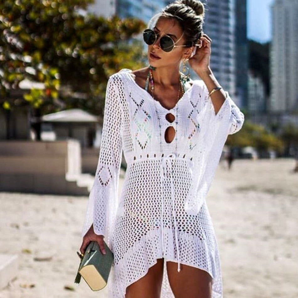 lovwvol New Knitted Beach Cover Up Women Bikini Swimsuit Cover Up Hollow Out Beach Dress Tassel Tunics Bathing Suits Cover-Ups Beachwear