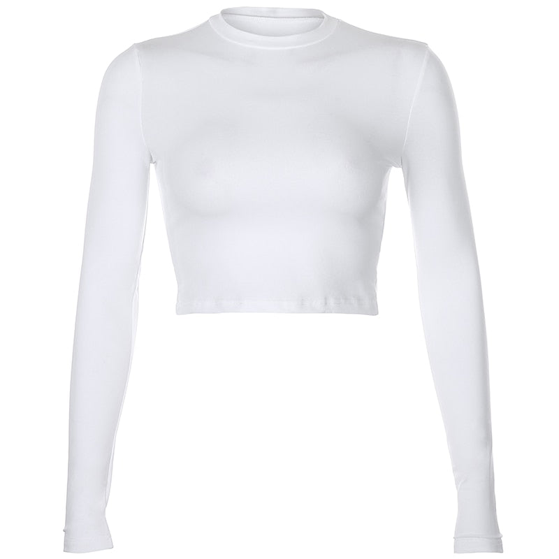 Casual Solid O-Neck Long Sleeve Crop Top Women Side Drawstring Ruched White T-Shirt Female Tee Shirt Top For Women Clothing