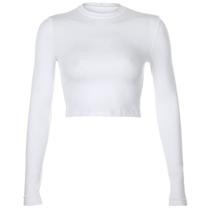 Casual Solid O-Neck Long Sleeve Crop Top Women Side Drawstring Ruched White T-Shirt Female Tee Shirt Top For Women Clothing