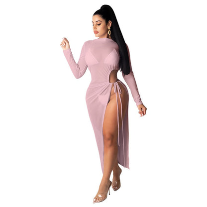 Summer Cover ups Women Female Solid color See-through Mesh Swimsuits Beach Swimwear Bathing Split Bandage Bikini Dress Cover up