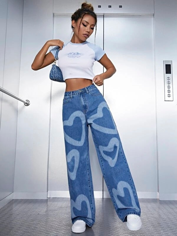 lovwvol  Fashion Trousers Medium Wash High Waist Heart Print Wide Leg Jeans