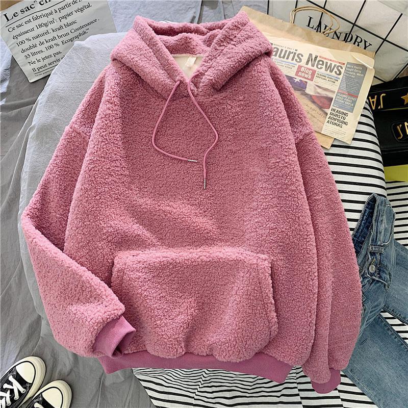 New Autumn Winter Thick Warm Coat Velvet Cashmere Women Hoody Sweatshirt Solid Blue Pullover Casual Tops Lady Loose Long Sleeve