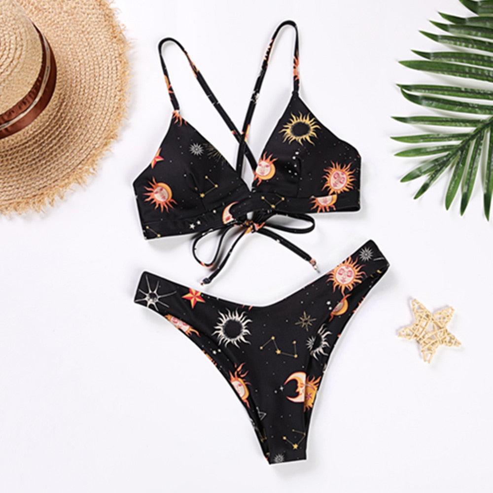 Sunflower Printed Bikini Set Sexy  Swimwear Women Mujer Push Up Padded Biquini Bathers Bandage Bathing Suit Swimsuit Bikini