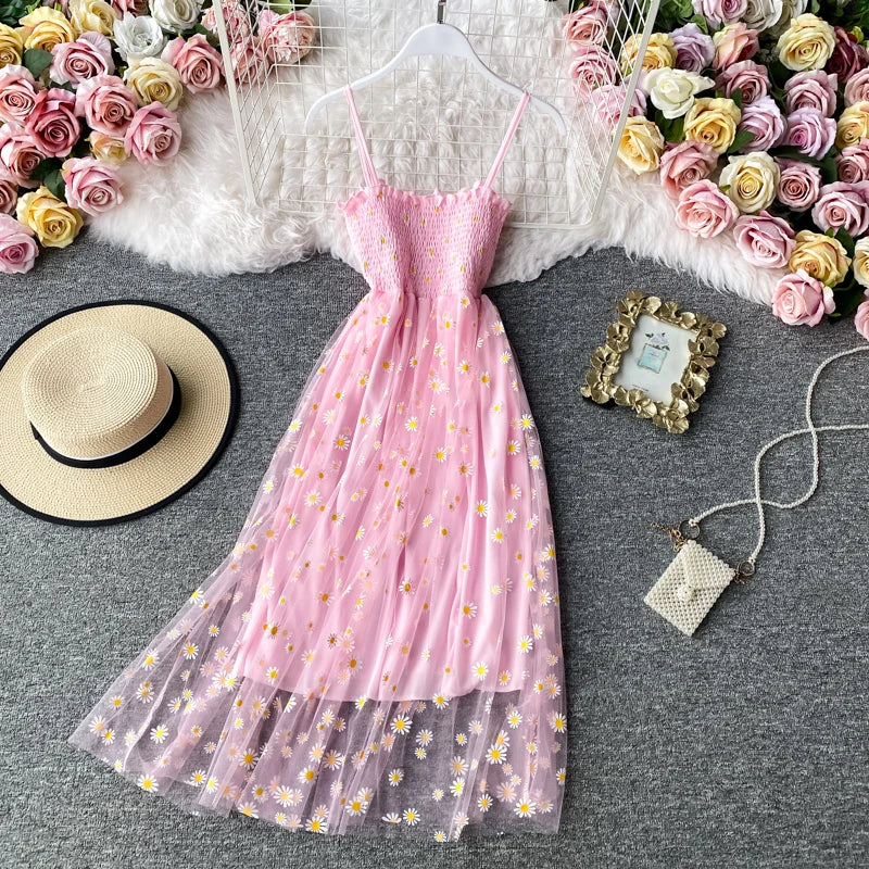 lovwvol   Summer Beach Mesh Floral Dress Women Vintage Elegant Sexy Beach Sundress Woman Party Night Korean Kawaii Vestidos