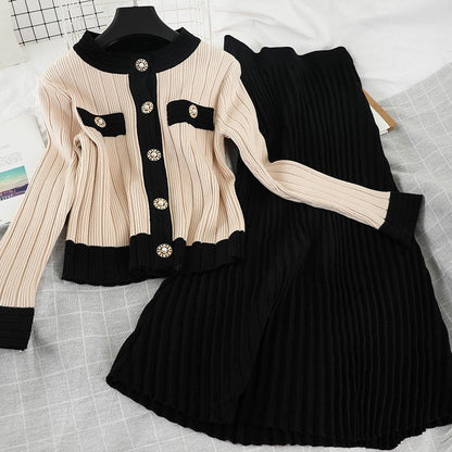 lovwvol High Quality  Spring Fall Knit 2 Piece Set Women Office Lady Single Breasted Sweater Cardigan + Pleated Long Skirt Suit Sets