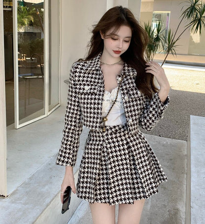 Women New Spring 2 Piece Matching Suits Long Sleeve Plaid Short Jacket&High Waist Pleated Mini Skirt Vintage 2pc Dress Sets