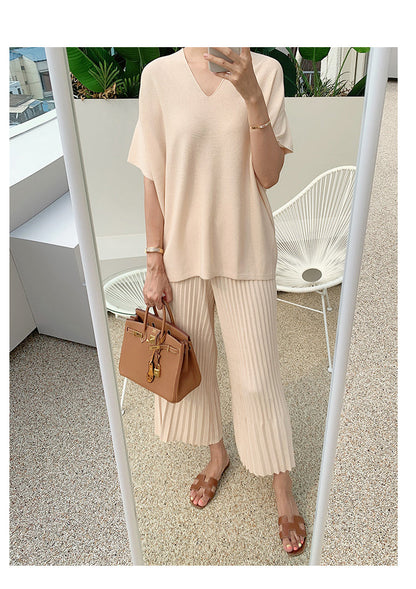 lovwvol Summer Korean Fashion Casual Knitted Two Piece Set Women Loose Pullover Sweater Tops + Wide Leg Pants Suits Knitwear 2 Piece Set