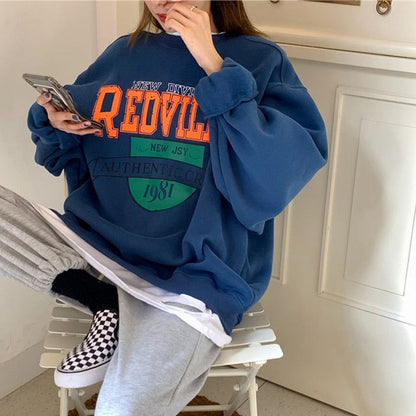 Autumn Women Fleece Letter Printed Pullover Sweatshirt Long Sleeve Casual Sports Lady Oversized Hoodie Korean Fashion