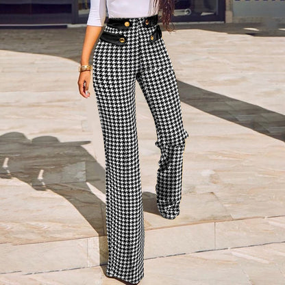 lovwvol Women Buttoned High Waist Wide Leg Tailored Pants Spring Casual Ladies Plaid Long Pencil Pants Elegant Trousers Overalls