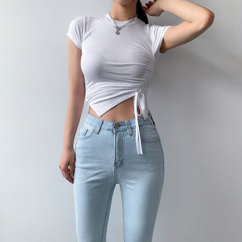 Casual Solid O-Neck Long Sleeve Crop Top Women Side Drawstring Ruched White T-Shirt Female Tee Shirt Top For Women Clothing