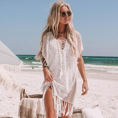 lovwvol New Knitted Beach Cover Up Women Bikini Swimsuit Cover Up Hollow Out Beach Dress Tassel Tunics Bathing Suits Cover-Ups Beachwear