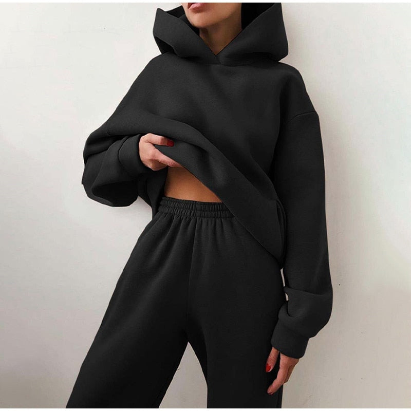 lovwvol New Tracksuit Women Elegant Solid Suits Fleece Warm Hoodies 2 Piece Set  Autumn Winter Fashion Oversized Sweatshirts Tracksuit