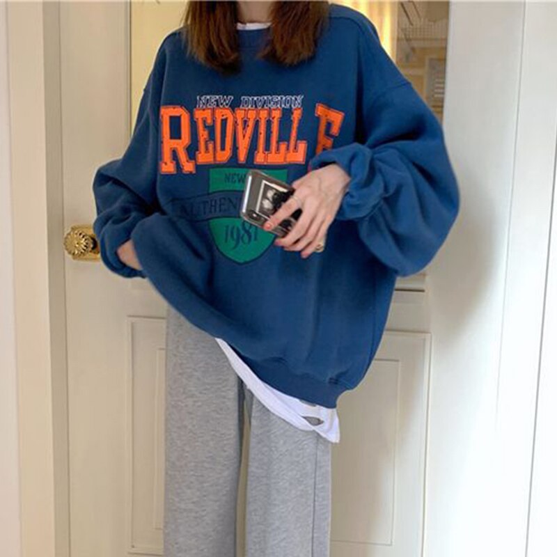 Autumn Women Fleece Letter Printed Pullover Sweatshirt Long Sleeve Casual Sports Lady Oversized Hoodie Korean Fashion