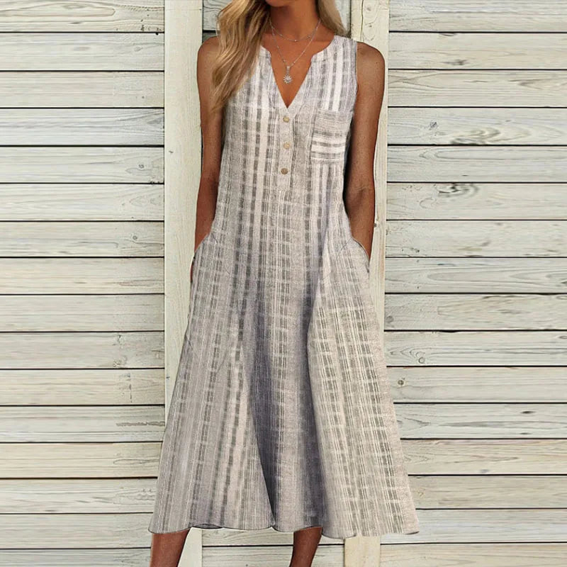 lovwvol Summer Dress Women V Neck Sleeveless Pocket Button Loose Maxi Dresses Vintage Print Party Dress 2024 A-Line Beach Dress