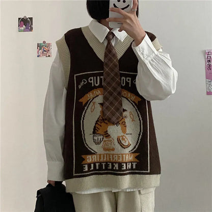 Sweater Vest Women Kawaii Cat Waistcoat Streetwear Knitting Chic Fashion College All-match Harajuku Y2k Vests Chandails