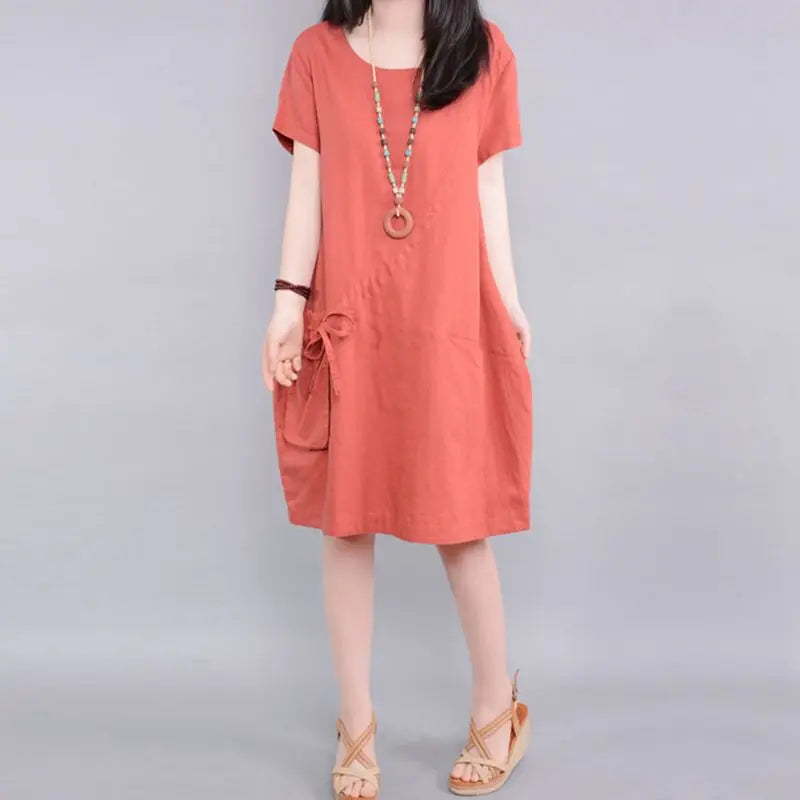 lovwvol  2024 New Arrival Short Sleeve Loose Summer Dress Cotton Linen Pockets bandage Holiday Beach Casual Dress  Women Vintage Dress