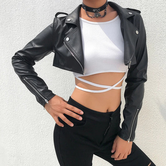 lovwvol Street Motorcycle Faux Leather Jacket Women Zipper Cropped Jacket Coat Outerwear Autumn Basic Jackets Ladies Cardigan