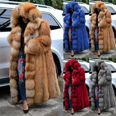 lovwvol     Fashion Long Winter Hooded Faux Fur Coat Loose Thick Warm  Artificial Fur Jacket Women Full Sleeve Outerwear Coats