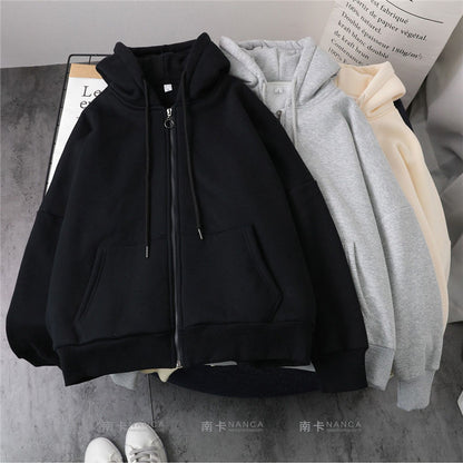 Lazy Plush and Thick Zip-up Autumn And Winter Fashion Women Sweatshirt  hoodie coat  Korean Soild Color Long Sleeve Female