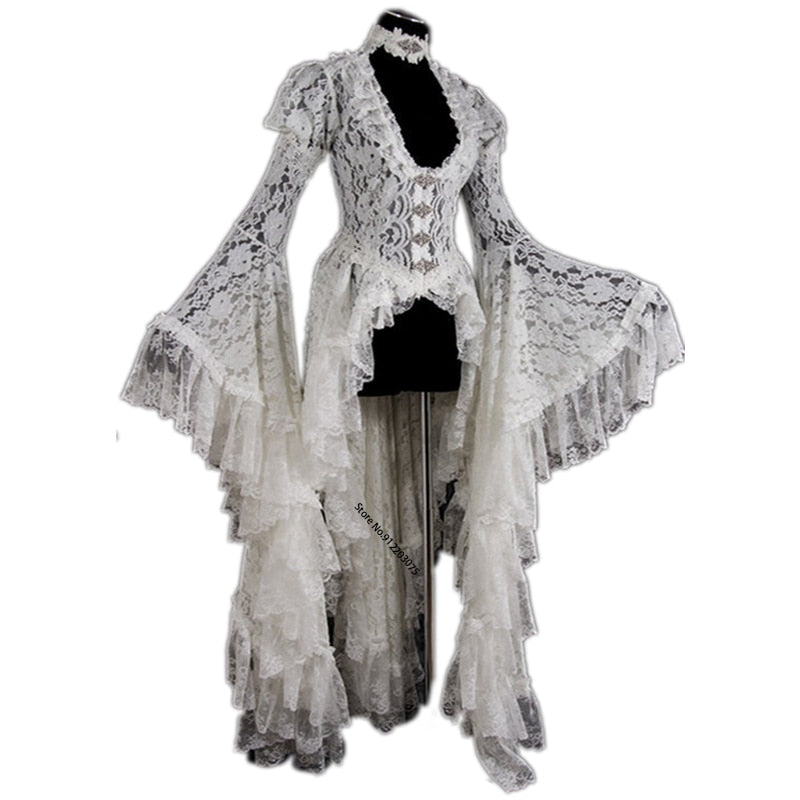 Women White Vintage Solid Lace Flare Sleeve Medieval Cardigan Cosplay Elegant Long Tail Pleated Outwear Victorian Ball Gown