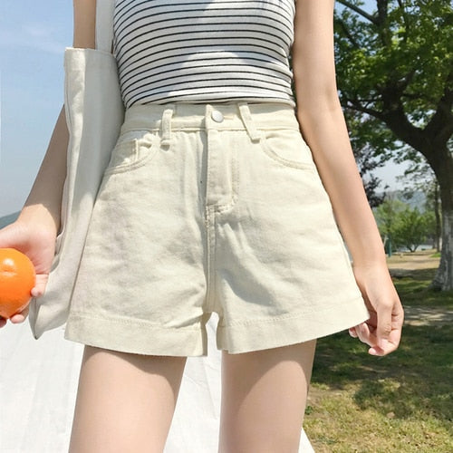 Shorts Women Korean-style Simple High Waist Solid All-match Short Denim Trousers Students Straight Wide-leg Fashion Leisure Chic