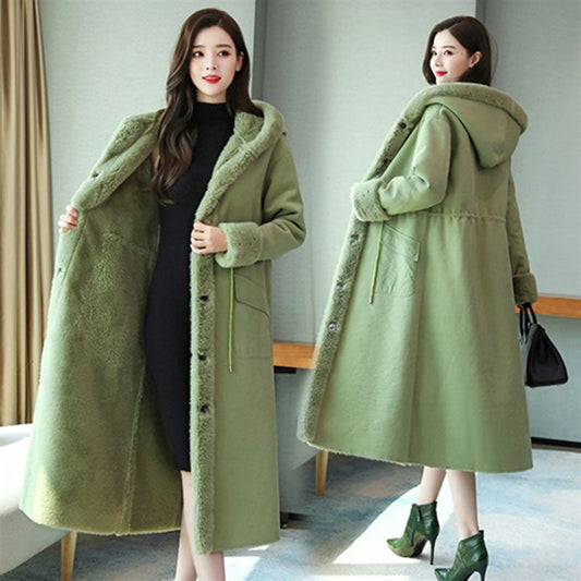 lovwvol     Long Woolen Coat Women Fur Collar Hooded Jacket Winter Fur  Coat Plus size Loose Fashion Thick Warm Wool Jacket Women Overcoat