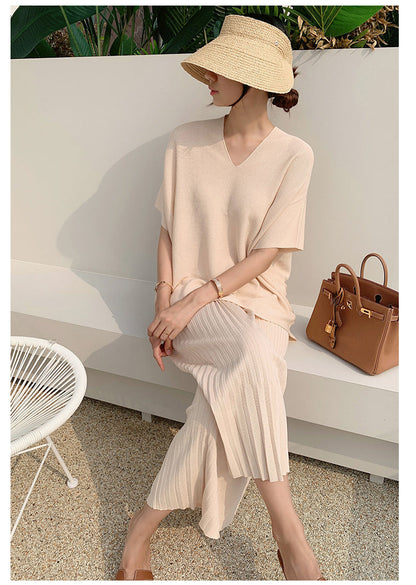 lovwvol Summer Korean Fashion Casual Knitted Two Piece Set Women Loose Pullover Sweater Tops + Wide Leg Pants Suits Knitwear 2 Piece Set